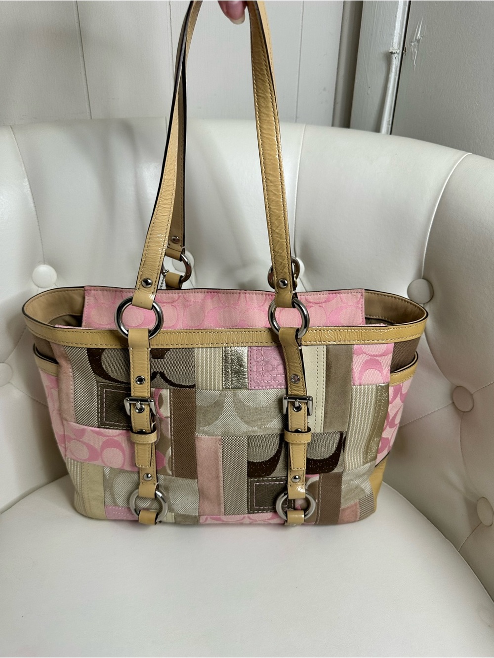 Coach Patchwork Pink and Tan Women's Shoulder Tote - Picture 2 of 5